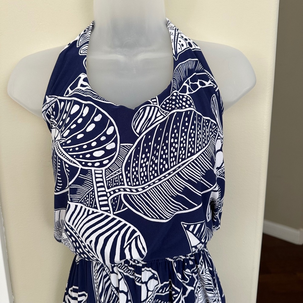 Tori Richard Navy and White Leaf-Print Halter Jumpsuit